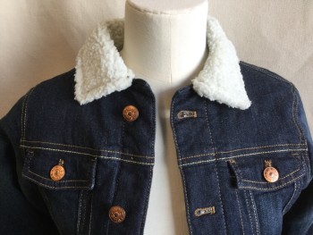 & DENIM, Dk Blue, Off White, Cotton, Polyester, Solid, Dark Navy Denim, Off White Sheep Collar Attached, Copper Button Front, Long Sleeves, with Red/navy/olive Light Puffy Lining