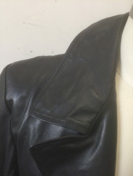 REAL LEATHER, Black, Leather, Solid, Notched Lapel, Open at Center Front with No Closures, Ankle Length, 2 Welt Pockets at Sides
