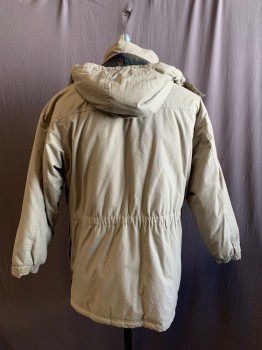 PACIFIC TRAIL, Khaki Brown, Poly/Cotton, Acrylic, Solid, Winter Coat, Zip Front with Velcro Placket, Stand Collar, Zip Detachable Hood, 4 Flap Pockets, Long Sleeves, Velcro Elastic Cuff, Elastic Back Waistband