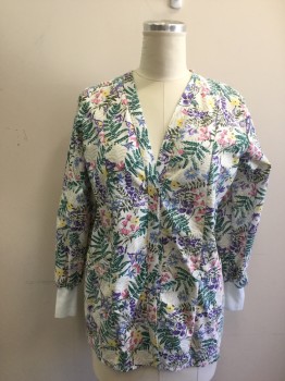 LANDAU, White, Green, Purple, Yellow, Pink, Poly/Cotton, Floral, Floral on White Background, Low Cut Snap Front, Long Sleeves, White Ribbed Knit Cuff, 2 Patch Pockets, Smocked Elastic Back Waist
