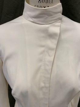 JUDIANNA MAKOVSKY, Off White, Cotton, Spandex, Solid, Sci-Fi Lab Coat, Zip Front with Snaps, Curved Front Neck Stand Collar with Off-center Snaps. 2 Pockets, Long Sleeves, Attached Button Tab Back Waist