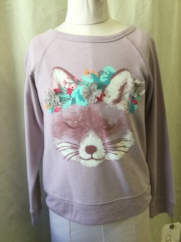 PEEK, Lavender Purple, Multi-color, Acrylic, Modal, Graphic, Fox Graphic with Colorful Flower Crown, Metallic Floral Appliqué, Crew Neck, Long Sleeves,