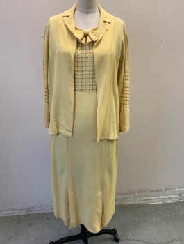 N/L, Butter Yellow, Silk, Solid, Crepe, Split Cap Sleeve, Panel at Chest with Cutout Diamonds, 3D Self Bow, High Square Neck, Below Knee Length, 2 Box Pleats at Hem, **Small Red Stain Near Bust