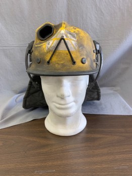 PACIFIC HELMETS, Yellow, Black, Dk Gray, Fiberglass, Cotton, Mottled, Solid, Yellow & Painted Black Helmet, Dk Gray Heavy Canvas Neck Protector Flap, Aged/Distressed,