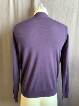 SAKS FIFTH AVENUE, Aubergine Purple, Wool, Acrylic, Solid, Ribbed Knit Angled V-neck, Ribbed Knit Waistband/Cuff, Ribbed Knit Shoulder Panel