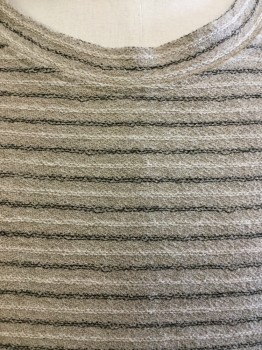 VIA COMO, Khaki Brown, Black, White, Cotton, Rayon, Stripes - Horizontal , Textured Knit,  CN, S/S,