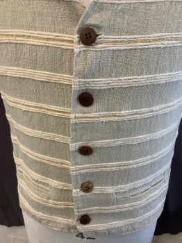 PARAGRAFF, Oatmeal Brown, Cream, Butter Yellow, Cotton, Viscose, Solid, Stripes - Horizontal , V Neck, Coconut Shell, Button Front, 2 Pockets