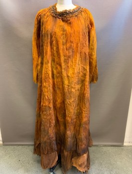 N/L MTO, Burnt Orange, Rust Orange, Brown, Silk, Mottled, Crinkled Texture Fabric with Hand Painted Streaks, More Brown and Grungy at Hem, Long Sleeves, Scoop Neck with Pleated Leather Trim, Raw Edges Throughout, Fantasy, Witch Like, Earthy