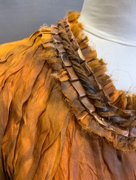 N/L MTO, Burnt Orange, Rust Orange, Brown, Silk, Mottled, Crinkled Texture Fabric with Hand Painted Streaks, More Brown and Grungy at Hem, Long Sleeves, Scoop Neck with Pleated Leather Trim, Raw Edges Throughout, Fantasy, Witch Like, Earthy