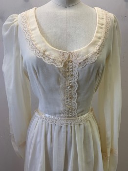 NO LABEL, Cream, Polyester, Acetate, Solid, L/S, Scoop Neck, Lace Trim, Sheer Sleeves, 4 Buttons, Zip Back, Pleated Skirt, Waist Tie,