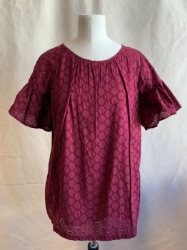 CAT & JACK, Red Burgundy, Cotton, Solid, Pentagon Shaped Open Embroidery, Scoop Neck Pleat with a Pleats, Keyhole Back, Raglan Short Sleeves, with Flutter Cuff