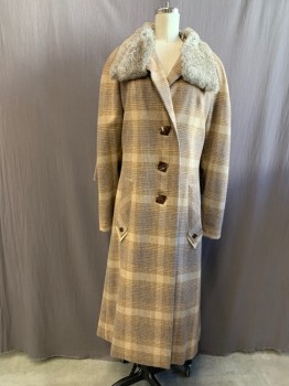 MTO, Beige, Gray, Wool, Fur, Plaid, Tortoiseshell Square Button Front, Large Rabbit Fur Collar, 2 Pockets with Solid Beige Arrow Trim and Small Tortoiseshell Square Buttons, Raglan Long Sleeves, Novelty Back Sleeve Panel with Button Detail, Pleated Back Panel with Button Detail and Solid Beige Trim, Multiple