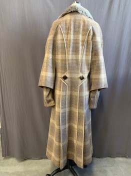 MTO, Beige, Gray, Wool, Fur, Plaid, Tortoiseshell Square Button Front, Large Rabbit Fur Collar, 2 Pockets with Solid Beige Arrow Trim and Small Tortoiseshell Square Buttons, Raglan Long Sleeves, Novelty Back Sleeve Panel with Button Detail, Pleated Back Panel with Button Detail and Solid Beige Trim, Multiple