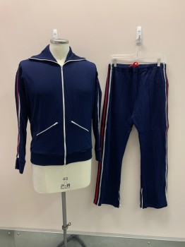 HERBERT JOHN, Navy Blue, Multi-color, Nylon, Stripes, JACKET, C.A., Zip Front, 2 Zip Pockets, White And Red Stripes Down Sleeves