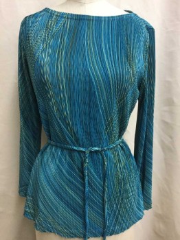 VIRGO, Turquoise Blue, Lime Green, Black, Polyester, Stripes - Diagonal , Finely Ribbed/Crinkled Texture Polyester, Thin Diagonal Black and Lime Diagonal/Crossing Lines On Turquoise Background, Top Has Long Sleeves, Boat Neck, Belt Loops, **Comes with Thin Self Sash Belt