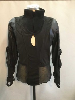 NO LABEL, Black, Leather, Spandex, Solid, Shirt Padded Mesh Collar/Yoke with Attached Dickie, Spandex Front with Mesh Lower Panels, Zip Down Diagonal From Shoulder, Keyhole Chest, Leather Long Sleeves Western, Flap Pkts and Zippers, Thumb Finger Loop, Plastic Padded Elbows, Mesh Back