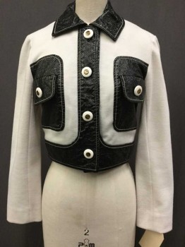 H Wolf, Cream, Black, Polyester, Vinyl, Color Blocking, Button Front, Collar Attached,  2 Faux Pockets, White Top Stitching, Gold & White Button Detail