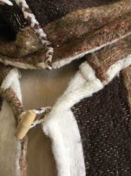N/L, Brown, Tan Brown, Cream, Wool, Stripes - Vertical , Woolly Textured Knit, Wood Toggle Buttons, Kangaroo Pocket,  Hood W/Pom Pom Dangling At End, From South America, Probably Peru