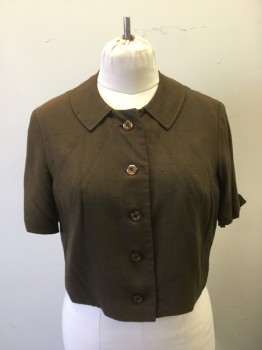 BRIE ORIGINALS, Brown, Rayon, Solid, 5 Button Bolero Jacket Single Breasted, with Collar Attached, Short Sleeves. Sun Damage to Shoulders