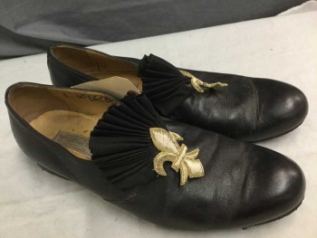 Berner Kerr, Black, Gold, Leather, Silk, Solid, Nice Leather Loafer with Pleated Grograin Ruffle and Gold Fleur De Lis Decoration