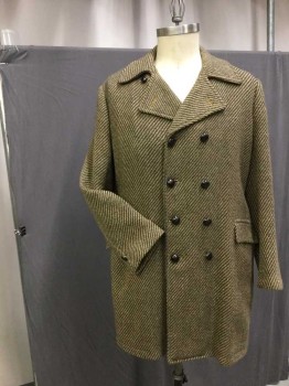 Tan Brown, Dk Brown, Wool, Rayon, Tweed, Stripes - Diagonal , Heavy Wool Diagonal Stripe Tweed, Double Breasted With Leather Buttons, Wide Lapel & Collar, 2 Pockets With Flaps, Slit Center Back, 3/4 Length Mustard Satin Lining