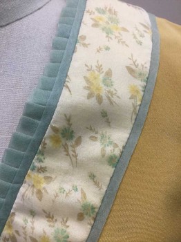 N/L, Mustard Yellow, Lt Yellow, Sage Green, Cream, Beige, Silk, Floral, Solid, Bolero Jacket,  Solid Mustard Silk Crepe with 1.5" Light Yellow Floral Edging, Sage Pleated Ruffle Trim, Short Gathered/Puffy Sleeves, Cropped Length, Open at Center Front, Made To Order Reproduction