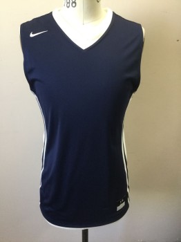 NIKE, Navy Blue, White, Polyester, Solid, Basketball Jersey, Navy with White Trim at V-neck, Stripes at Side Seams, Sleeveless, White Nike Swoosh Logo at Chest **Multiples ***Barcode Near Side Seam Hem