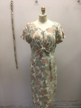 N/L, Ecru, Orange, Sage Green, Green, Organza/Organdy, Cotton, Floral, Dress with Belt, Ecru Organza Overlaid on Ecru with Orange,Sage, Green Floral, Short Sleeves, Sweetheart Curved V-neck, Curved Empire Waist with Self Bow at Center Front Under Bust, Gathers at Bust, Sheath Dress, Hem Below Knee, ***Organza Shredded/Worn in Spots