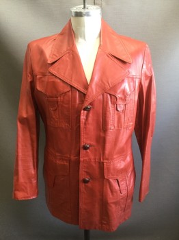 SILTON, Tomato Red, Leather, Solid, 3 Brown Knotted Leather Buttons, 4 Pockets, Exaggerated Notched Collar, Ochre Lining, **Black Smudges on Lapel/Collar