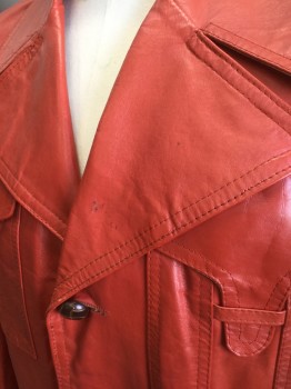 SILTON, Tomato Red, Leather, Solid, 3 Brown Knotted Leather Buttons, 4 Pockets, Exaggerated Notched Collar, Ochre Lining, **Black Smudges on Lapel/Collar