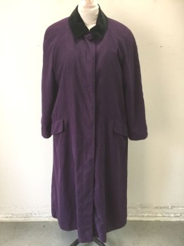 GALLERY, Aubergine Purple, Black, Polyester, Solid, Black Velvet Collar Attached, Single Breasted, 5 Buttons, Raglan Sleeves, Padded Shoulders, 2 Flap Pockets, Oversized/Long, Late 1980's/Early 1990's **Has Detachable Liner, Barcode # Written INSIDE Liner Sleeve