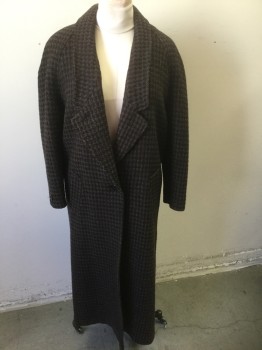 BILLI, Brown, Black, Wool, Check , Single Breasted, 1 Button, Notched Lapel with Low Set Notch, Raglan Sleeves, 2 Welt Pockets, Ankle Length, Black Lining,