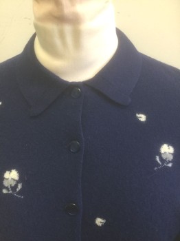 PRINGLE - SELFRIDGES, Navy Blue, Cream, Gray, Wool, Floral, Navy with Sparse White and Gray Flowers Pattern, Knit, Cardigan, 3/4 Sleeves, Button Front, Collar Attached