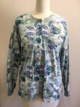 GRAFX, Mint Green, Green, Purple, Magenta Purple, Gray, Cotton, Novelty Pattern, Floral, Floral/Bird Pattern, Button Front, Long Sleeves, 3 Pockets, Grey Ribbed Knit Cuff