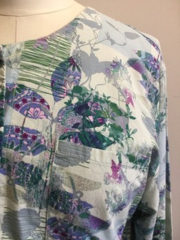 GRAFX, Mint Green, Green, Purple, Magenta Purple, Gray, Cotton, Novelty Pattern, Floral, Floral/Bird Pattern, Button Front, Long Sleeves, 3 Pockets, Grey Ribbed Knit Cuff
