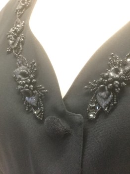 LAUNDRY, Black, Polyester, Solid, Floral, Crepe, 4 Velvet Buttons, Sweetheart Neckline with Beading & Sequins, Shaping Darts at Waist