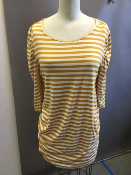 ISABEL MATERNITY, White, Goldenrod Yellow, Rayon, Spandex, Stripes, Ballet Neck, 3/4 Sleeves, Rouched at Sides
