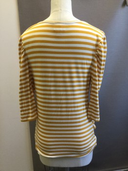 ISABEL MATERNITY, White, Goldenrod Yellow, Rayon, Spandex, Stripes, Ballet Neck, 3/4 Sleeves, Rouched at Sides