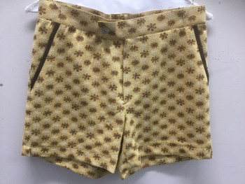 N/L, Mustard Yellow, Brown, Cream, Polyester, Geometric, Floral, Mustard with Brown and Cream Aterisk * Like Flowers, Button Tab Waist, Brown Trim at Sides, Zip Fly, 5" Inseam, Made To Order Reproduction