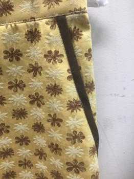 N/L, Mustard Yellow, Brown, Cream, Polyester, Geometric, Floral, Mustard with Brown and Cream Aterisk * Like Flowers, Button Tab Waist, Brown Trim at Sides, Zip Fly, 5" Inseam, Made To Order Reproduction