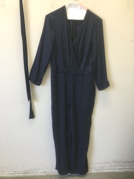 1.STATE, Midnight Blue, Dk Blue, Polyester, Animal Print, Midnight with Dark Blue Leopard Spots Pattern, 3/4 Sleeve, Wrapped V Neckline, Tapered Leg, **With Matching Self Fabric Sash Belt **Barcode Located Behind Side Pocket