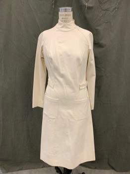 MTO, Off White, Cotton, Solid, Sci-Fi Dress/Lab Coat, Princess Seams, Raglan Long Sleeves, Hidden Zipper in Raglan Seam, Band Collar with Hook & Eyes, 2 Pockets, Attached Self Belt Woven Through Garment to Hook & Eyes at Front *Brown Stain on Lower Skirt*