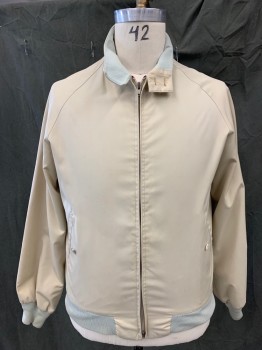 BARACUTA, Tan Brown, Mint Green, Polyester, Cotton, Solid, Zip Front, 2 Welt Pockets, Stand Collar with Button Tab Closure, Light Mint Ribbed Knit Interior Collar/Waistband/Cuff, Raglan Long Sleeves, Scalloped Back Vented Yoke,