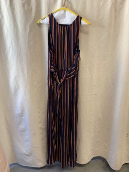 TRACY REESE, Navy Blue, Red Burgundy, Mustard Yellow, Polyester, Viscose, Stripes - Vertical , Scoop Neckline, Pleated at Neckline, Gathered at Waist, Belted, Zip Back, Keyhole Back, 2 Side Pockets