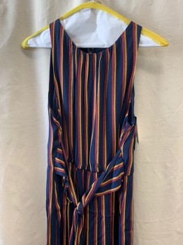 TRACY REESE, Navy Blue, Red Burgundy, Mustard Yellow, Polyester, Viscose, Stripes - Vertical , Scoop Neckline, Pleated at Neckline, Gathered at Waist, Belted, Zip Back, Keyhole Back, 2 Side Pockets