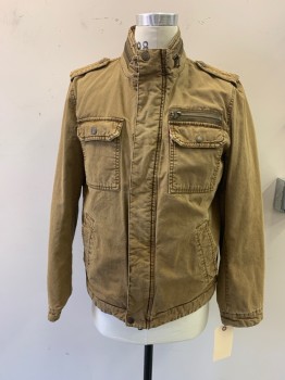 LEVI'S, Lt Brown, Cotton, Polyester, Faded, Zip/snap Front, Stand Collar with Dipper Detail, 5 Pockets, Epaulets, Brown Quilted Poly Filled Lining