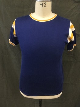 N/L, Dk Blue, Yellow, White, Polyester, Solid, Stripes, Solid Dark Blue Body, Yellow/White Stripe Crew Neck/Cuff/Sleeve Panel, Ribbed Knit Crew Neck/Cuff