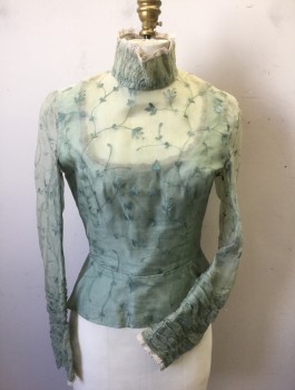 MTO, Sage Green, Cream, Silk, Cotton, Floral, Long Sleeves, High Collar, Organza, Built in Lace Trimmed Cotton Camisol Underneath. Rouching and Lace Trim on Collar and Forearms, Hook & Eyes Center Back,