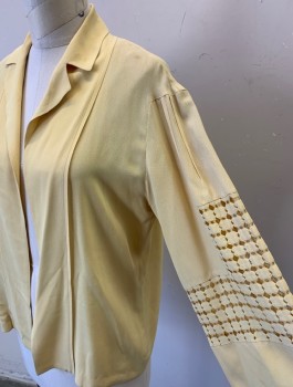 N/L, Butter Yellow, Silk, Solid, Matching Jacket, Crepe, Wide 3/4 Sleeves, Notch Lapel, Panel with Cutout Diamonds on Sleeve, Open Center Front with No Closures, **Faint Stains on Shoulders