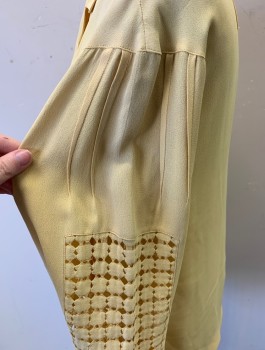 N/L, Butter Yellow, Silk, Solid, Matching Jacket, Crepe, Wide 3/4 Sleeves, Notch Lapel, Panel with Cutout Diamonds on Sleeve, Open Center Front with No Closures, **Faint Stains on Shoulders